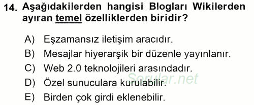 Temel Bilgi Teknolojileri 2 2015 - 2016 Tek Ders Sınavı 14.Soru