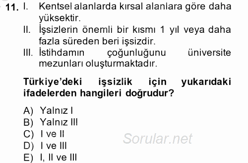 İstihdam ve İşsizlik 2014 - 2015 Dönem Sonu Sınavı 11.Soru