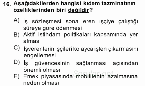 İstihdam ve İşsizlik 2014 - 2015 Dönem Sonu Sınavı 16.Soru