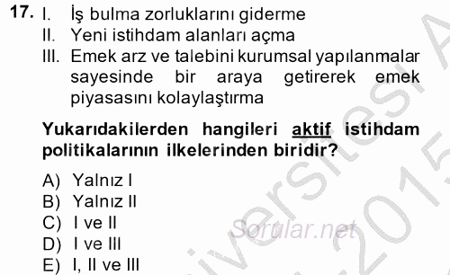 İstihdam ve İşsizlik 2014 - 2015 Dönem Sonu Sınavı 17.Soru