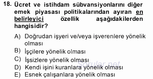 İstihdam ve İşsizlik 2014 - 2015 Dönem Sonu Sınavı 18.Soru