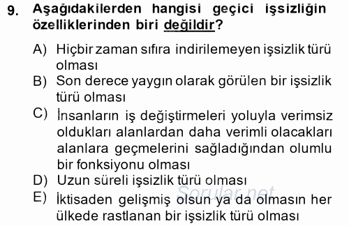 İstihdam ve İşsizlik 2014 - 2015 Dönem Sonu Sınavı 9.Soru