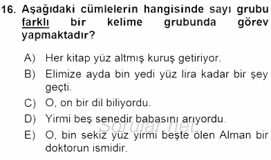 Türkçe Cümle Bilgisi 1 2016 - 2017 Ara Sınavı 16.Soru