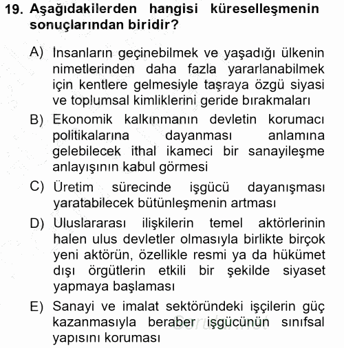 Siyaset Sosyolojisi 2012 - 2013 Dönem Sonu Sınavı 19.Soru