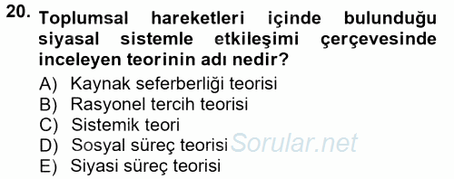 Siyaset Sosyolojisi 2012 - 2013 Dönem Sonu Sınavı 20.Soru