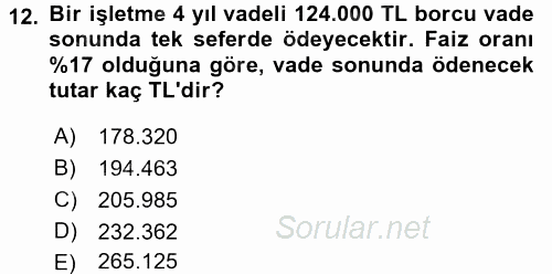 Finans Matematiği 2017 - 2018 3 Ders Sınavı 12.Soru