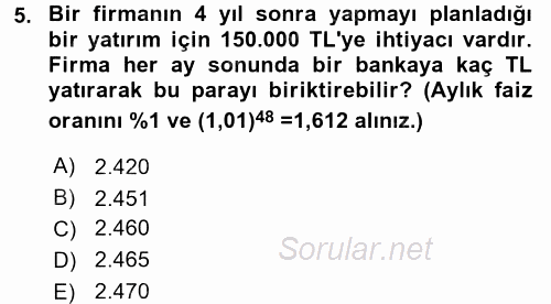 Finans Matematiği 2017 - 2018 3 Ders Sınavı 5.Soru