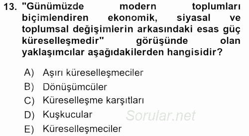Sosyolojiye Giriş 2016 - 2017 Ara Sınavı 13.Soru