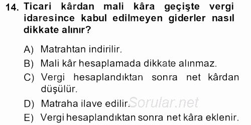 Envanter ve Bilanço 2013 - 2014 Tek Ders Sınavı 14.Soru