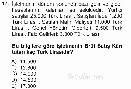 Envanter ve Bilanço 2013 - 2014 Tek Ders Sınavı 17.Soru