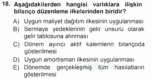 Envanter ve Bilanço 2013 - 2014 Tek Ders Sınavı 18.Soru