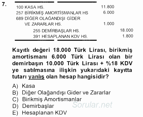 Envanter ve Bilanço 2013 - 2014 Tek Ders Sınavı 7.Soru
