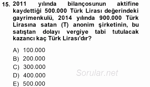Özel Vergi Hukuku 1 2014 - 2015 Tek Ders Sınavı 15.Soru