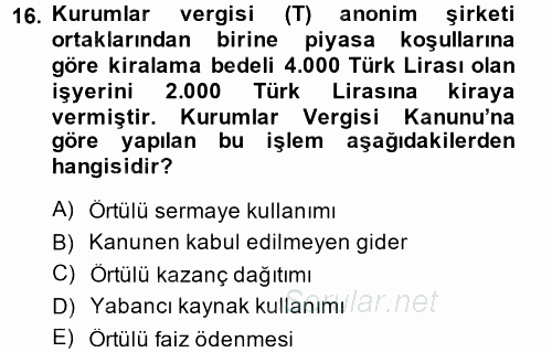 Özel Vergi Hukuku 1 2014 - 2015 Tek Ders Sınavı 16.Soru