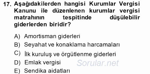 Özel Vergi Hukuku 1 2014 - 2015 Tek Ders Sınavı 17.Soru
