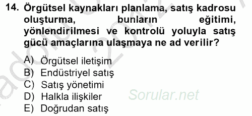 Satış Yönetimi ve Telefonda Satış 2012 - 2013 Ara Sınavı 14.Soru