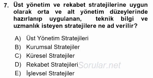 Stratejik Yönetim 2 2015 - 2016 Tek Ders Sınavı 7.Soru