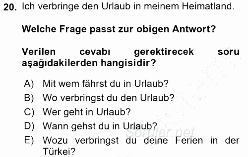 Almanca 1 2016 - 2017 3 Ders Sınavı 20.Soru