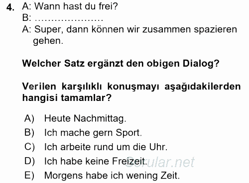 Almanca 1 2016 - 2017 3 Ders Sınavı 4.Soru