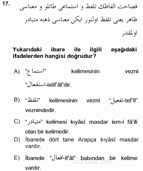 Osmanlı Türkçesi Grameri 1 2016 - 2017 Dönem Sonu Sınavı 17.Soru