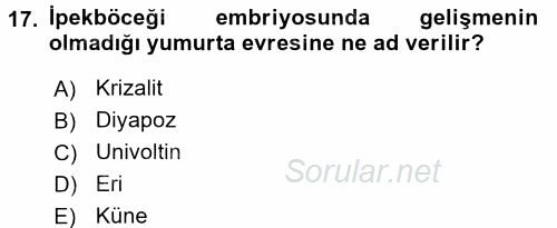 Hayvan Yetiştirme 2015 - 2016 Tek Ders Sınavı 17.Soru