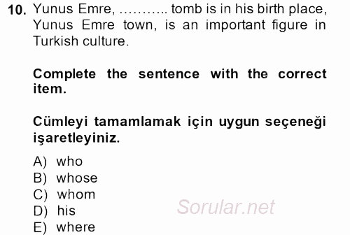 Turizm Için Ingilizce 2 2013 - 2014 Tek Ders Sınavı 10.Soru