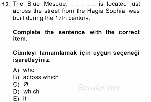 Turizm Için Ingilizce 2 2013 - 2014 Tek Ders Sınavı 12.Soru