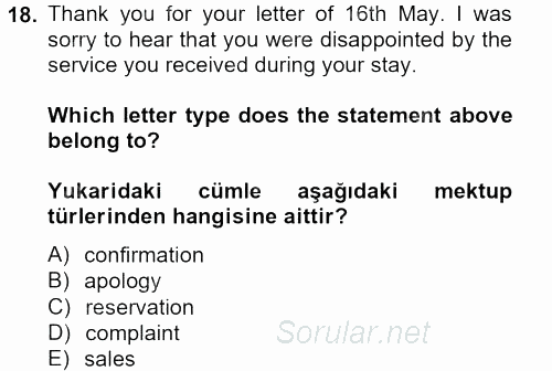 Turizm Için Ingilizce 2 2013 - 2014 Tek Ders Sınavı 18.Soru