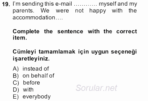 Turizm Için Ingilizce 2 2013 - 2014 Tek Ders Sınavı 19.Soru