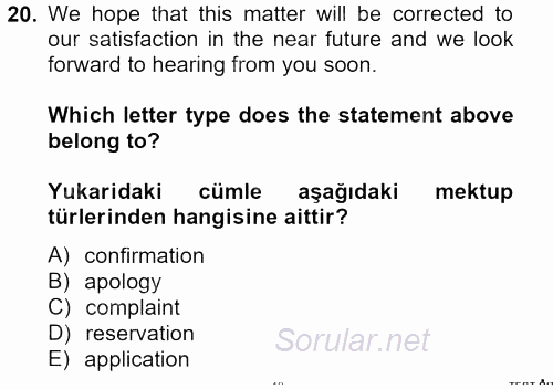 Turizm Için Ingilizce 2 2013 - 2014 Tek Ders Sınavı 20.Soru