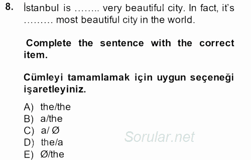 Turizm Için Ingilizce 2 2013 - 2014 Tek Ders Sınavı 8.Soru