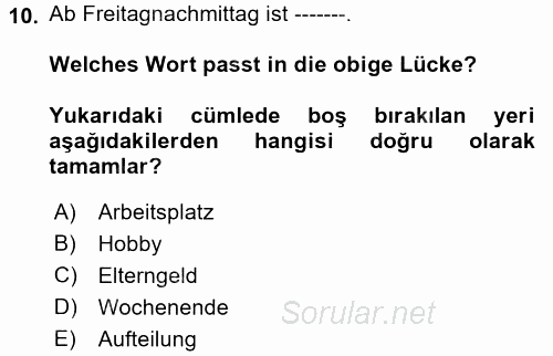 Almanca 2 2017 - 2018 3 Ders Sınavı 10.Soru