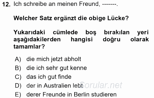 Almanca 2 2017 - 2018 3 Ders Sınavı 12.Soru