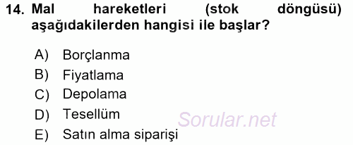 Ön Muhasebe Yazılımları Ve Kullanımı 2015 - 2016 Ara Sınavı 14.Soru