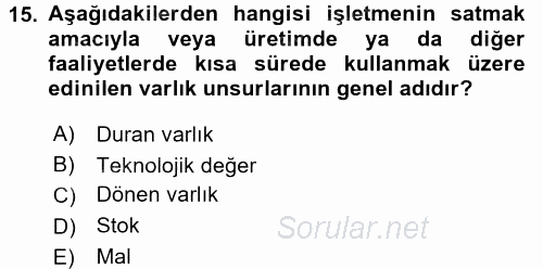 Ön Muhasebe Yazılımları Ve Kullanımı 2015 - 2016 Ara Sınavı 15.Soru