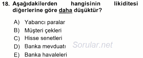 Ön Muhasebe Yazılımları Ve Kullanımı 2015 - 2016 Ara Sınavı 18.Soru