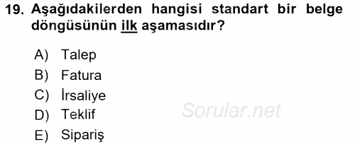 Ön Muhasebe Yazılımları Ve Kullanımı 2015 - 2016 Ara Sınavı 19.Soru