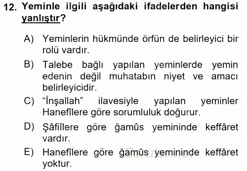 İslam İbadet Esasları 2015 - 2016 Tek Ders Sınavı 12.Soru