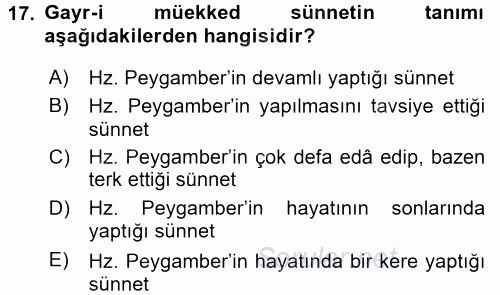 İslam İbadet Esasları 2015 - 2016 Tek Ders Sınavı 17.Soru