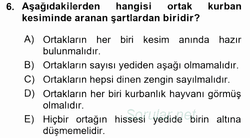 İslam İbadet Esasları 2015 - 2016 Tek Ders Sınavı 6.Soru