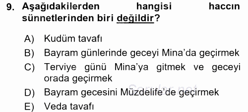 İslam İbadet Esasları 2015 - 2016 Tek Ders Sınavı 9.Soru