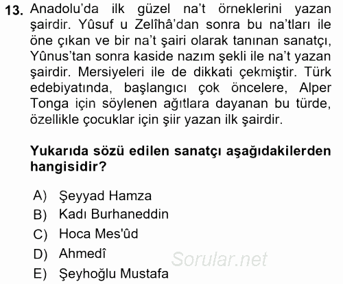 XIV-XV. Yüzyıllar Türk Edebiyatı 2017 - 2018 Ara Sınavı 13.Soru