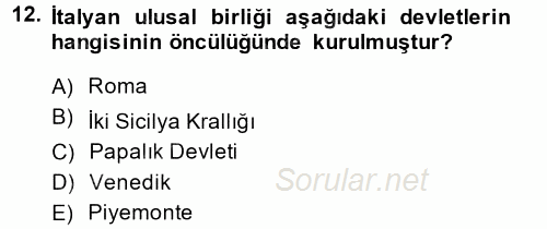 Siyasi Tarih 1 2013 - 2014 Tek Ders Sınavı 12.Soru