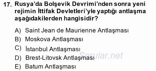 Siyasi Tarih 1 2013 - 2014 Tek Ders Sınavı 17.Soru