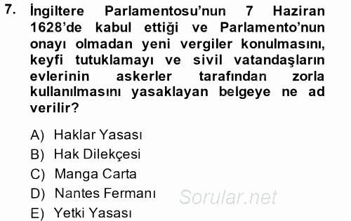 Siyasi Tarih 1 2013 - 2014 Tek Ders Sınavı 7.Soru