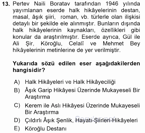 Halk Hikayeleri 2016 - 2017 Ara Sınavı 13.Soru