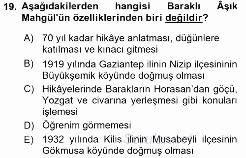 Halk Hikayeleri 2016 - 2017 Ara Sınavı 19.Soru