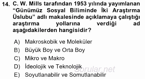 Modern Sosyoloji Tarihi 2015 - 2016 Ara Sınavı 14.Soru
