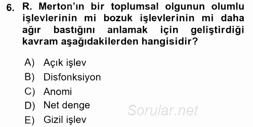 Modern Sosyoloji Tarihi 2015 - 2016 Ara Sınavı 6.Soru