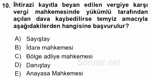 Vergi Usul Hukuku 2016 - 2017 Ara Sınavı 10.Soru